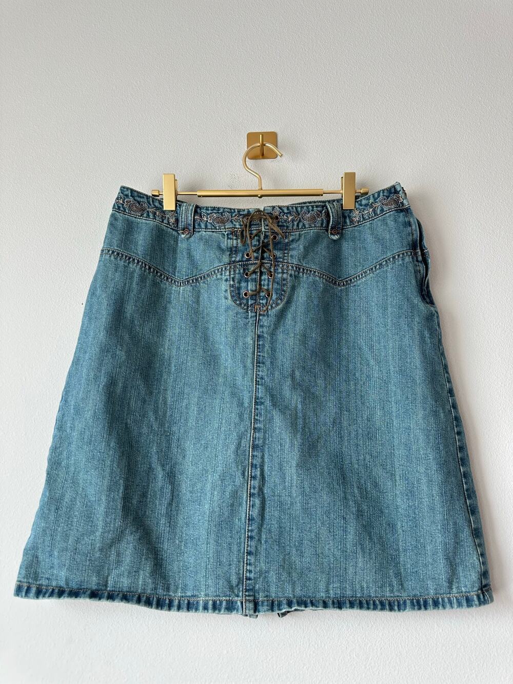 Y2K Denim Midi Skirt Lace Up Corset Paisley Embroidered Boho Western L